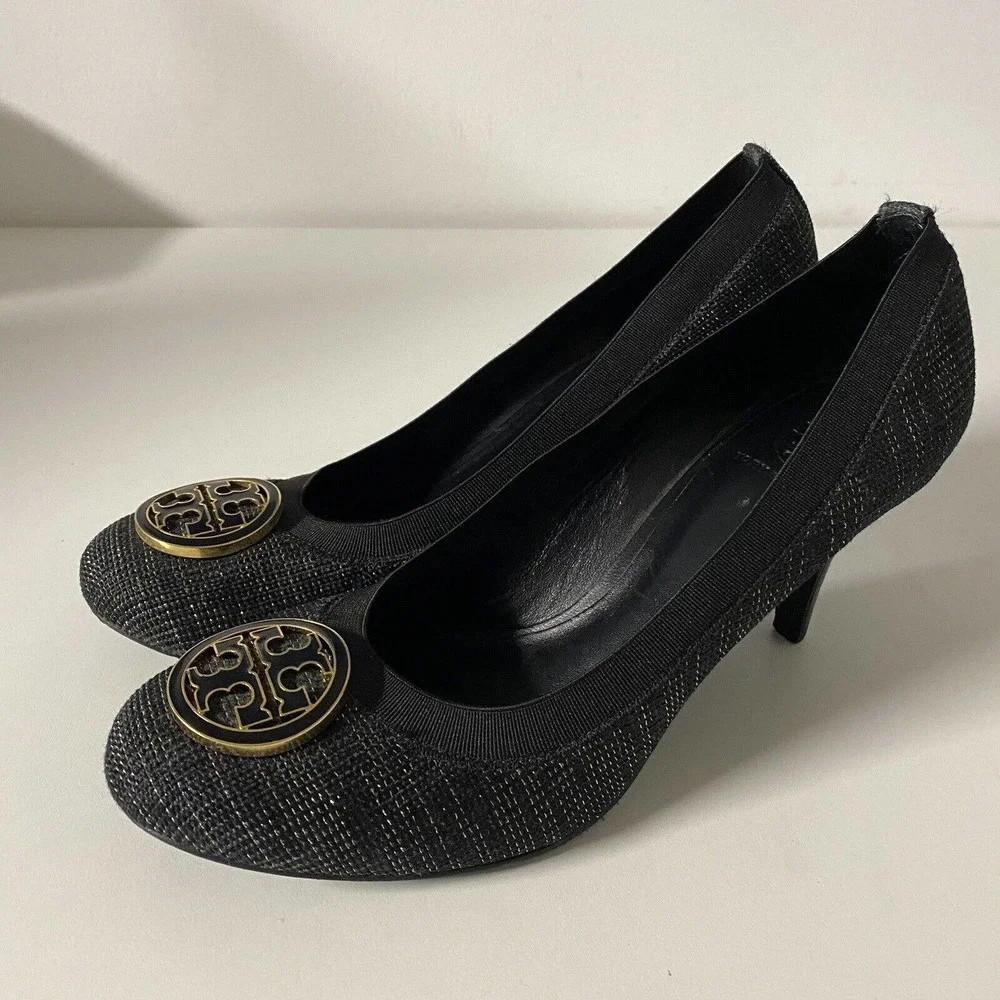 Tory Burch Pump Caroline Tweed Black Gold Round Toe Logo 9 M 3